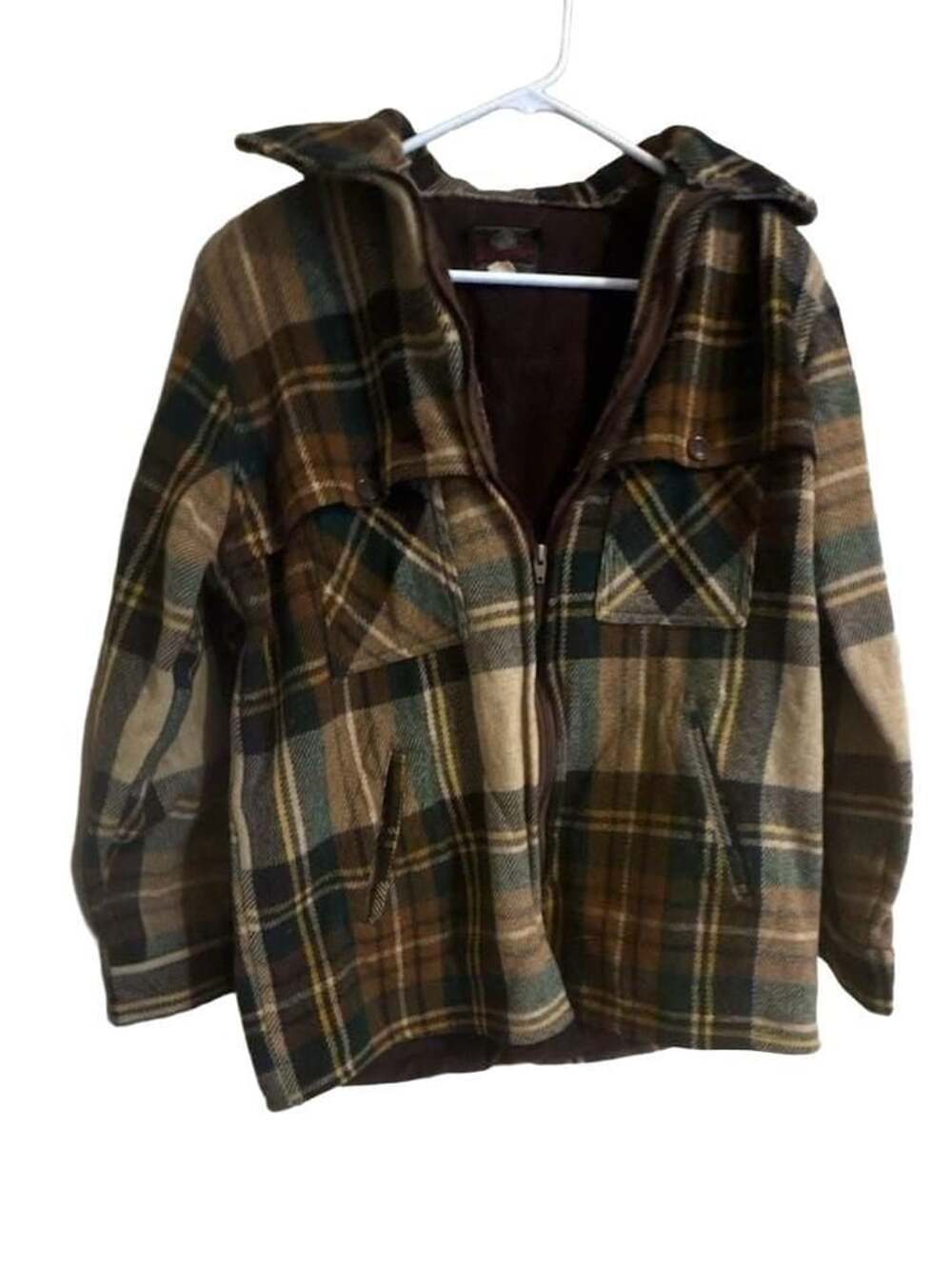 Vintage Johnson Woolen Mills Hooded Plaid Wool Jacket Size L Brown